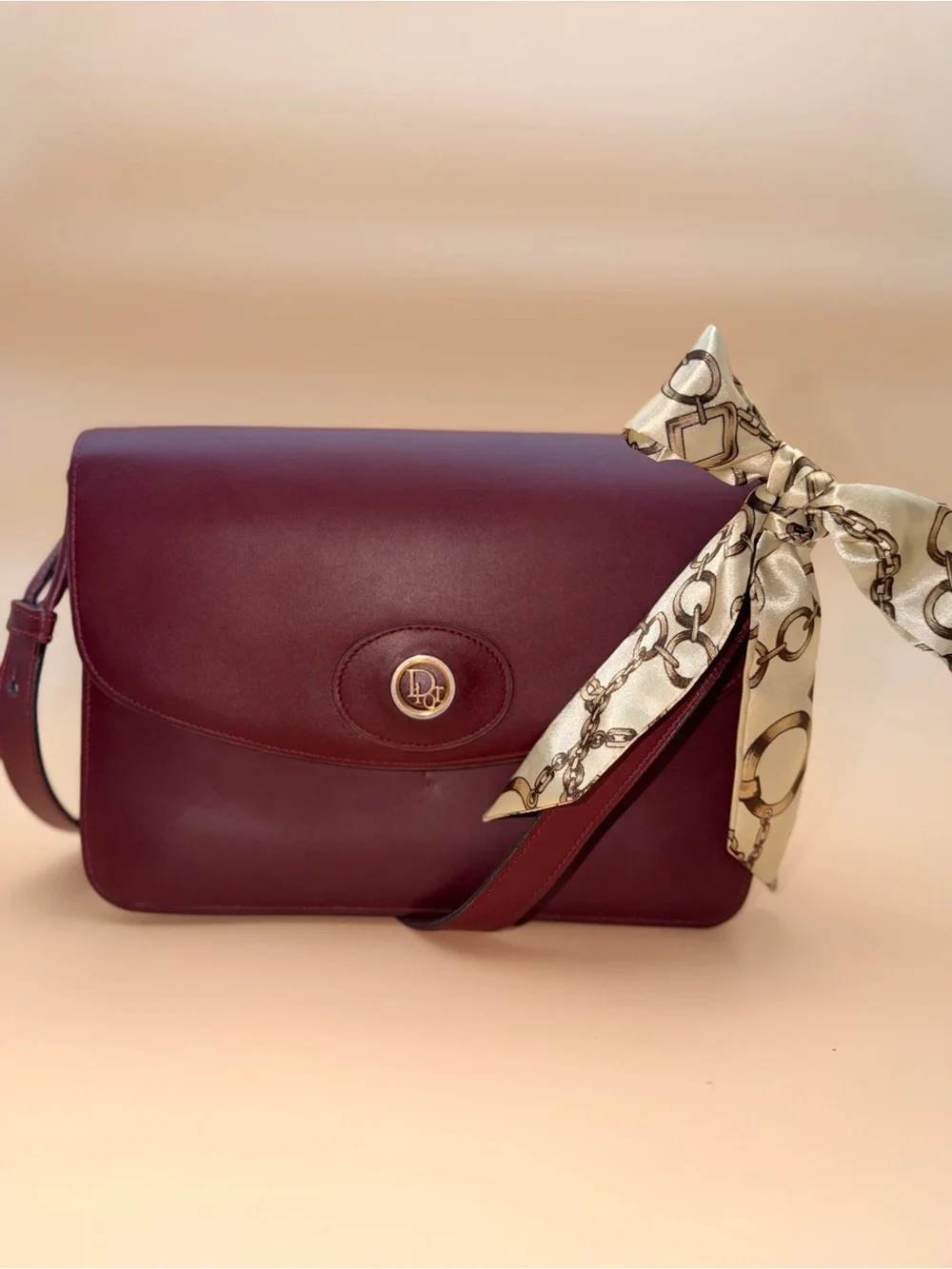 Vintage Christian Dior Burgundy Leather Medallion Flap Shoulder Bag France 🇫🇷